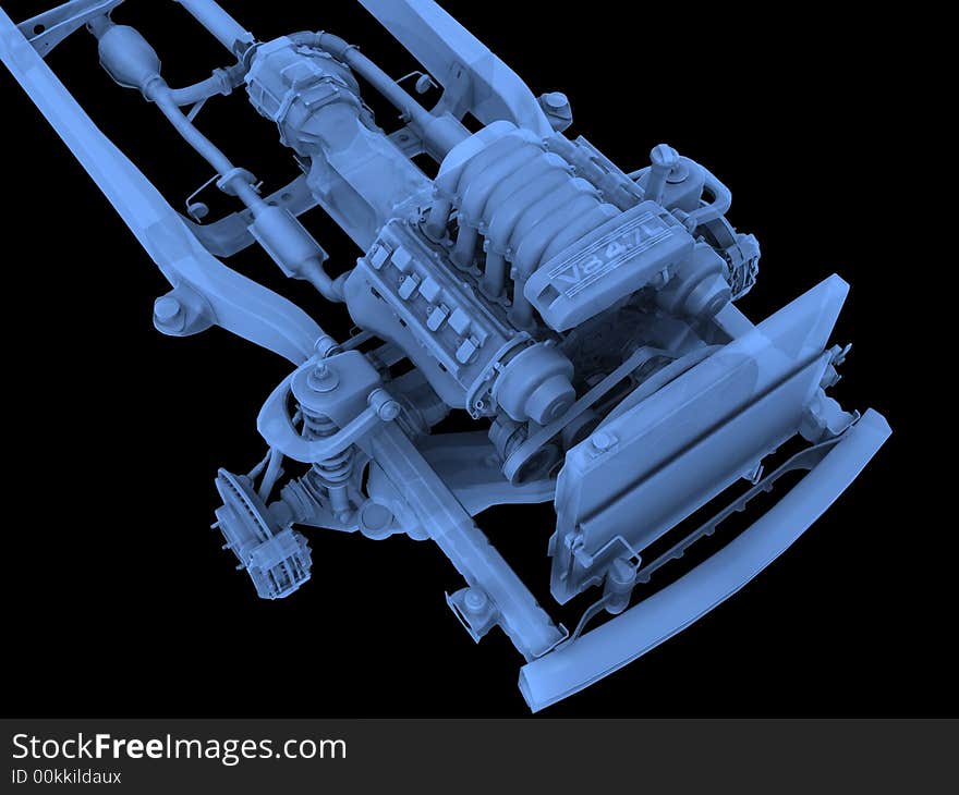 Isolated motor-car engine on a frame