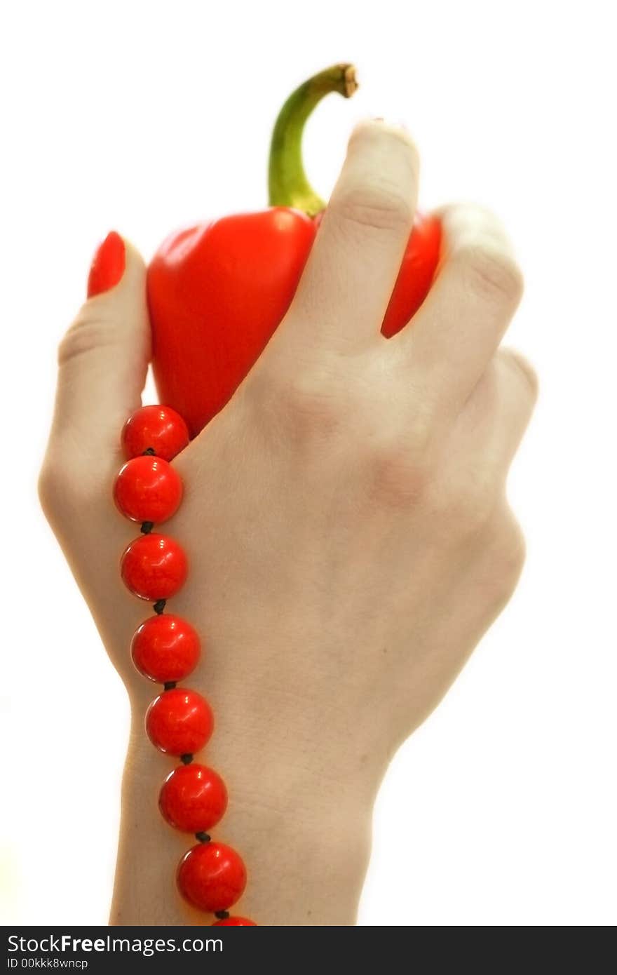 Red pepper, red beads, red nails. Red pepper, red beads, red nails