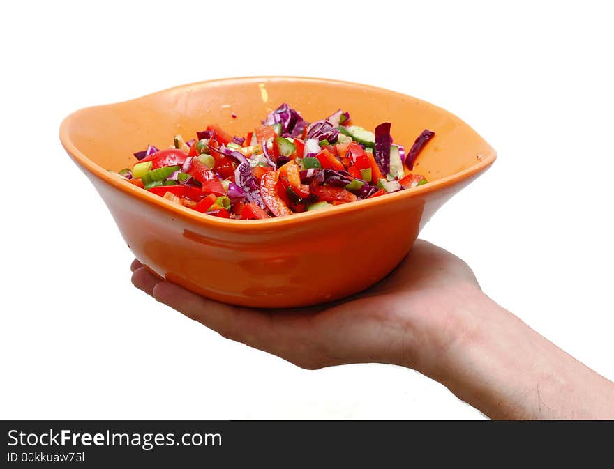 Vegetable salad in orange plate on white background. Vegetable salad in orange plate on white background