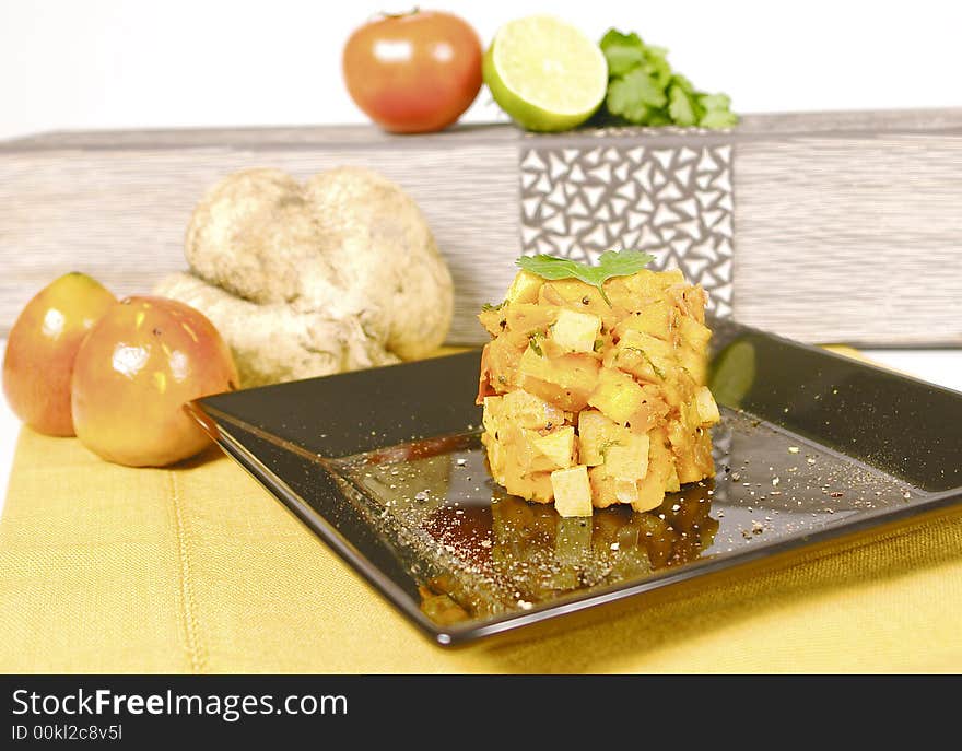 Vegetarian dish from palm fruit and potato