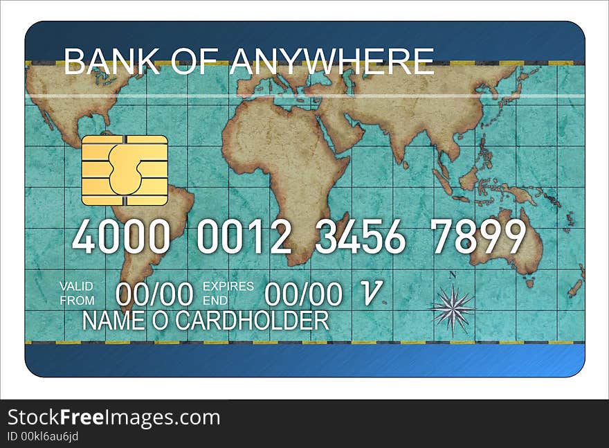 Credit card with world map blu