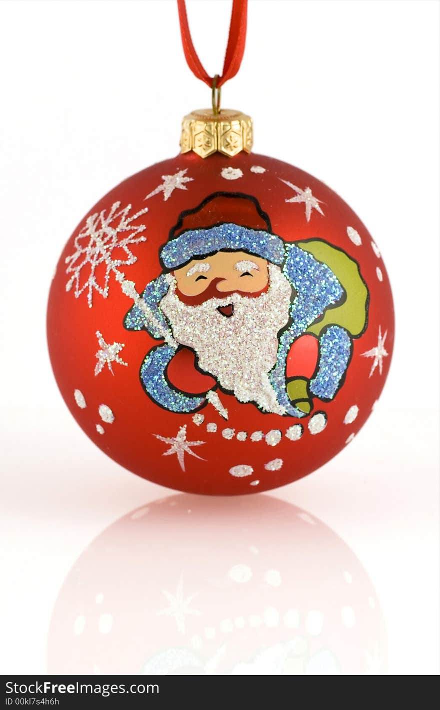 Red christmas tree ball with santa and red ribbon with reflection. Red christmas tree ball with santa and red ribbon with reflection