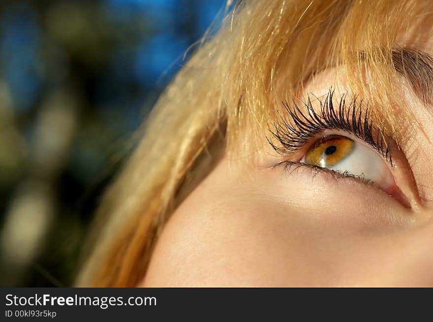 Beautiful blond girl's eye closeup. selective focus.