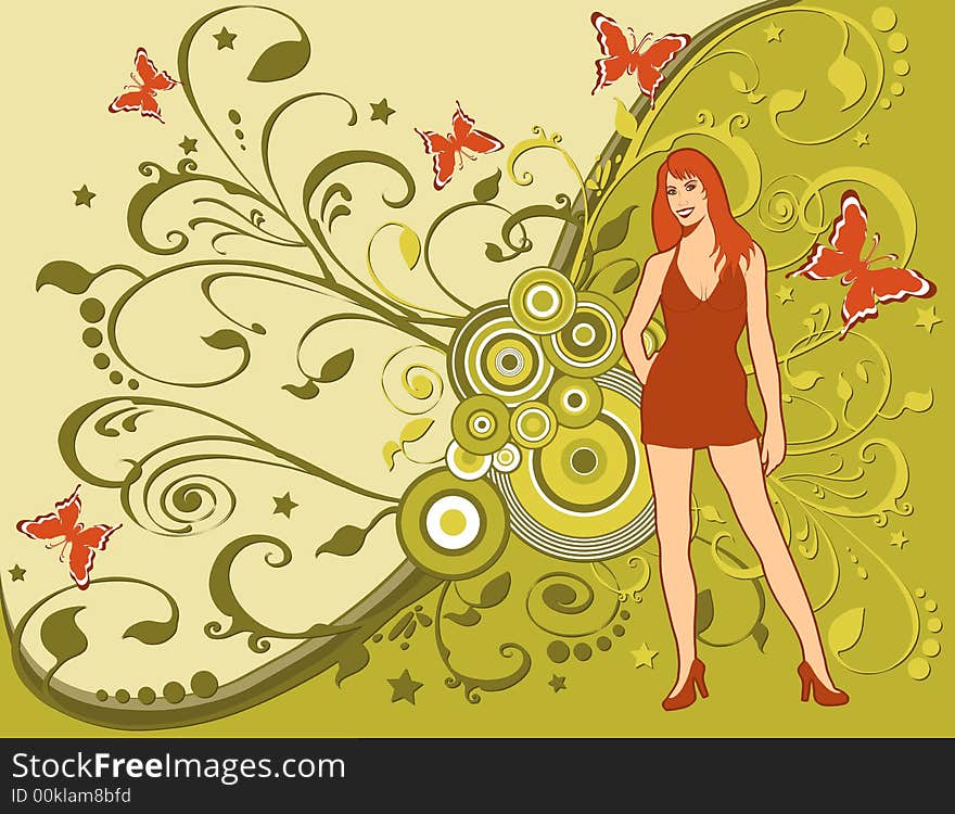 Grunge woman with long flowing hair, foliage, butterflies, stars. Created in earth tone colors. Grunge woman with long flowing hair, foliage, butterflies, stars. Created in earth tone colors.