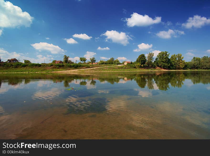 Small village on river bank