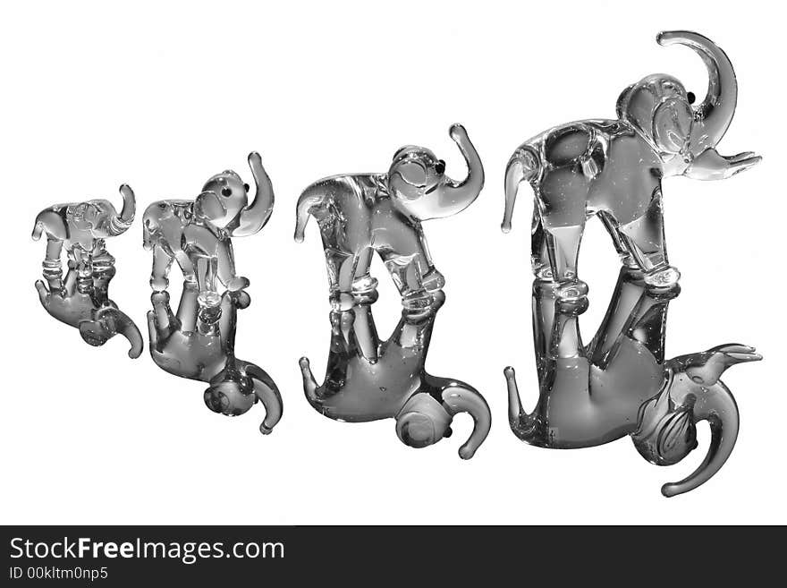 Elephant statues on white with reflection