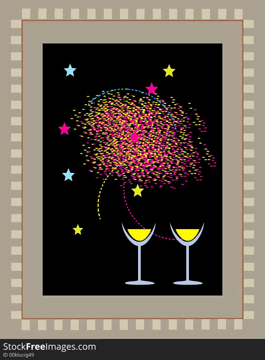 Two glasses of wine with fireworks and decorations all around