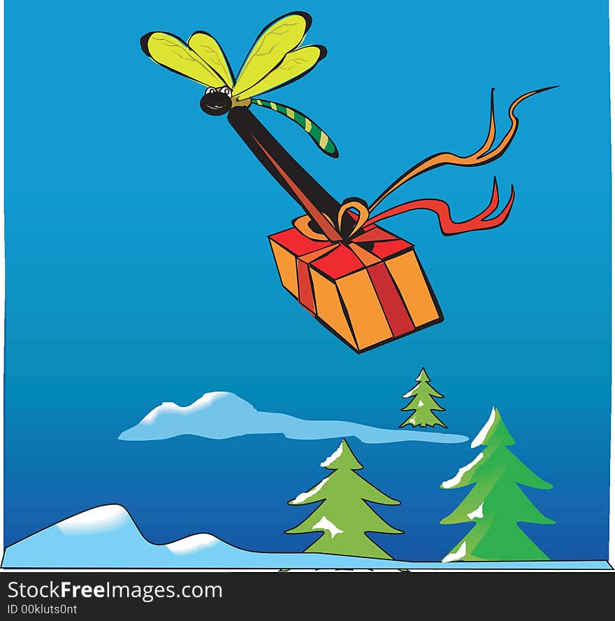 Dragonfly carrying a gift tied with red ribbon in a blue background with clouds, hills and Christmas trees