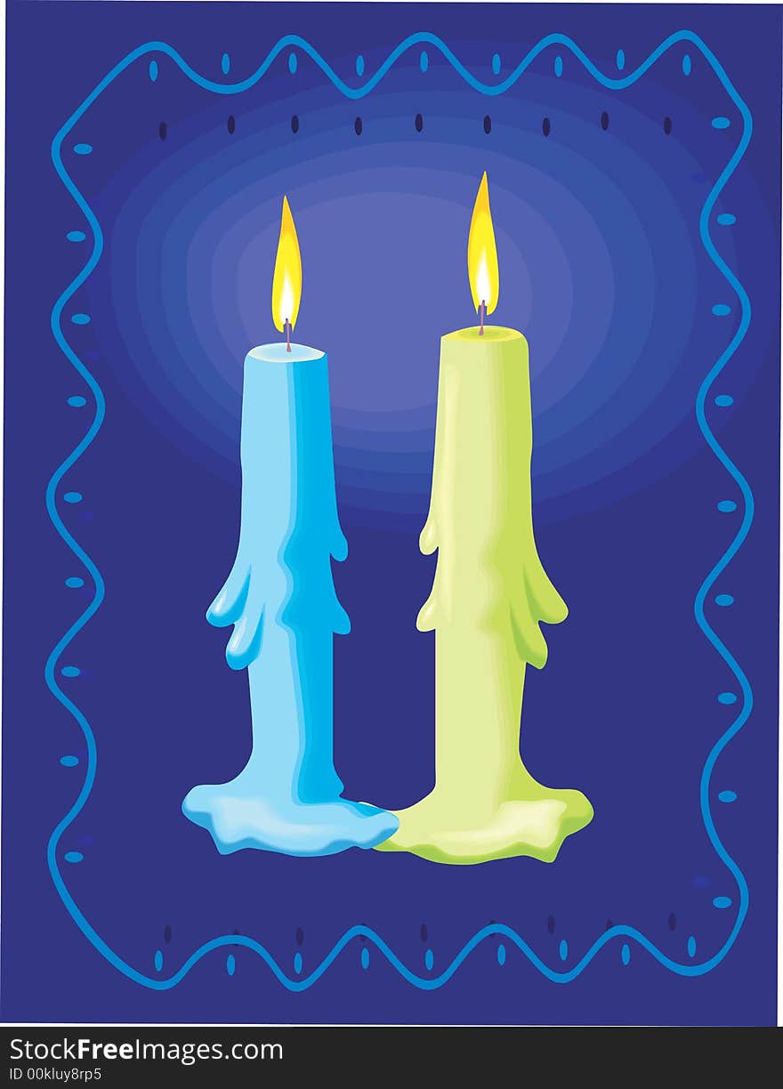 Two candles lighted one in blue and other in yellow colour in a blue background