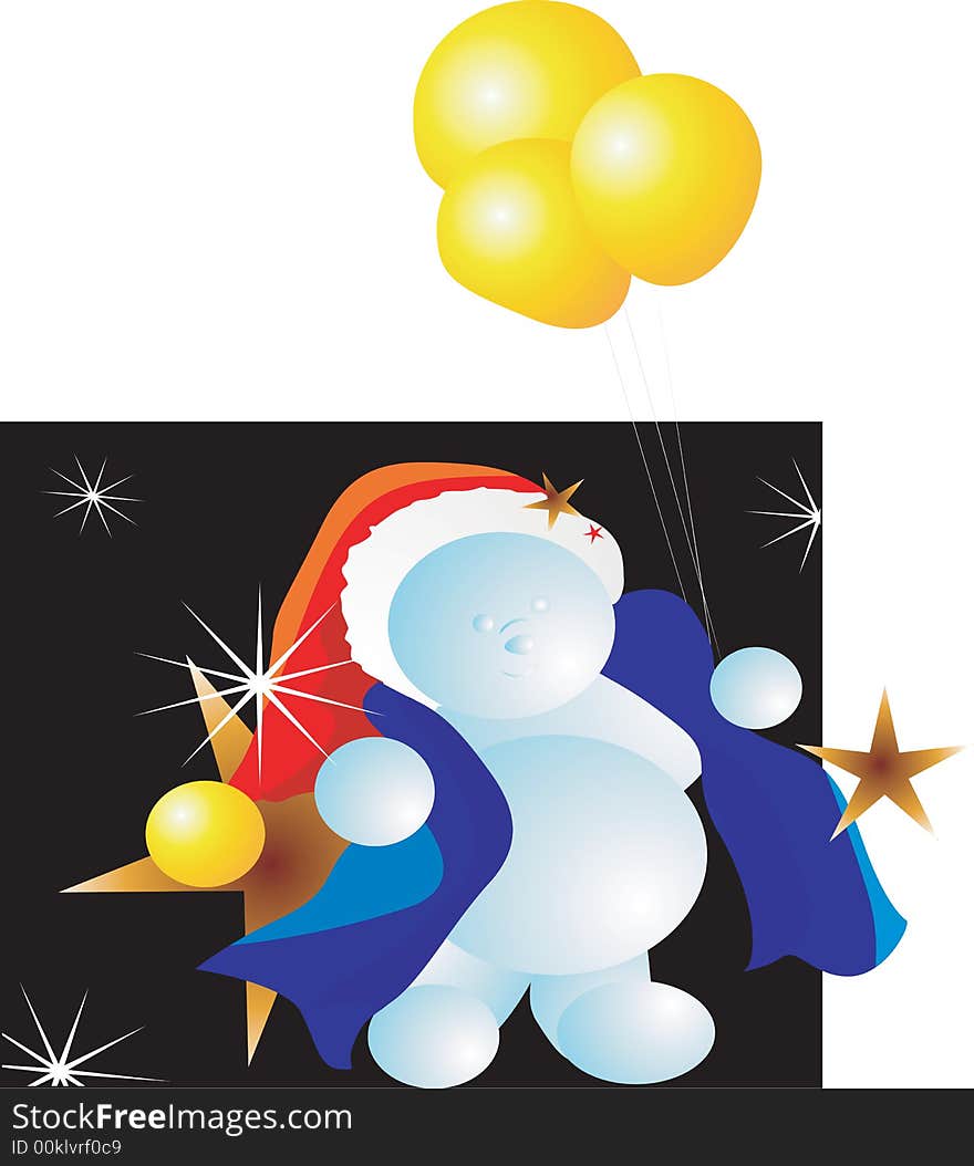 Santa clause in blue jacket and red cap holding three balloons in star light