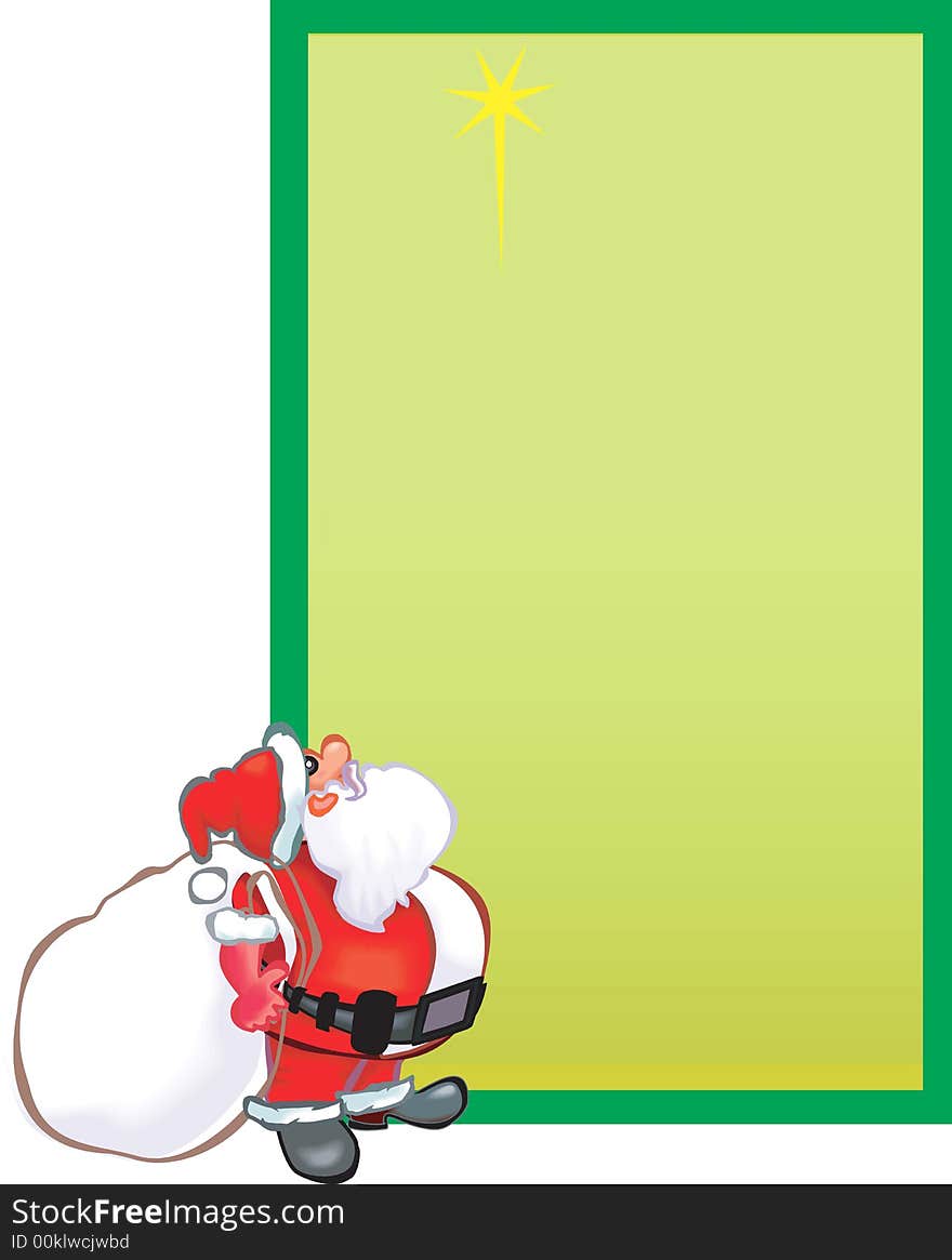 Santa Claus with gift bundle looking at green boarded board