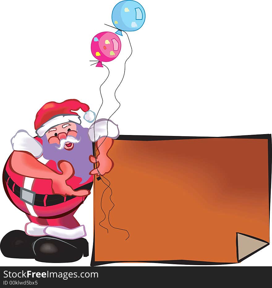 Santa Claus holding balloons and paper