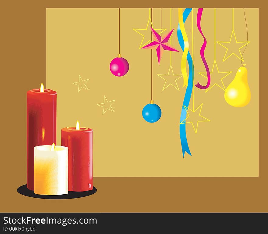 Hanging balloons, stars and ribbons in a background and three candles lighted