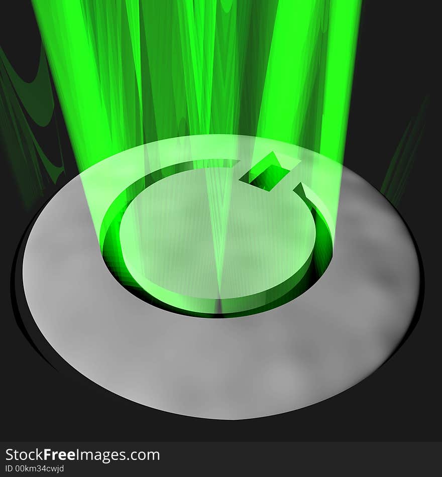 An electronic device s power button glowing green. An electronic device s power button glowing green.