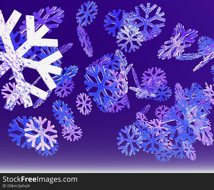 An illustration of crystal snowflakes falling on a blue background. An illustration of crystal snowflakes falling on a blue background.