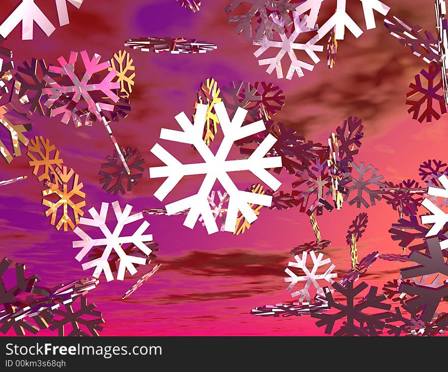 An illustration of crystal snowflakes falling on a rose colored sky with clouds. An illustration of crystal snowflakes falling on a rose colored sky with clouds.