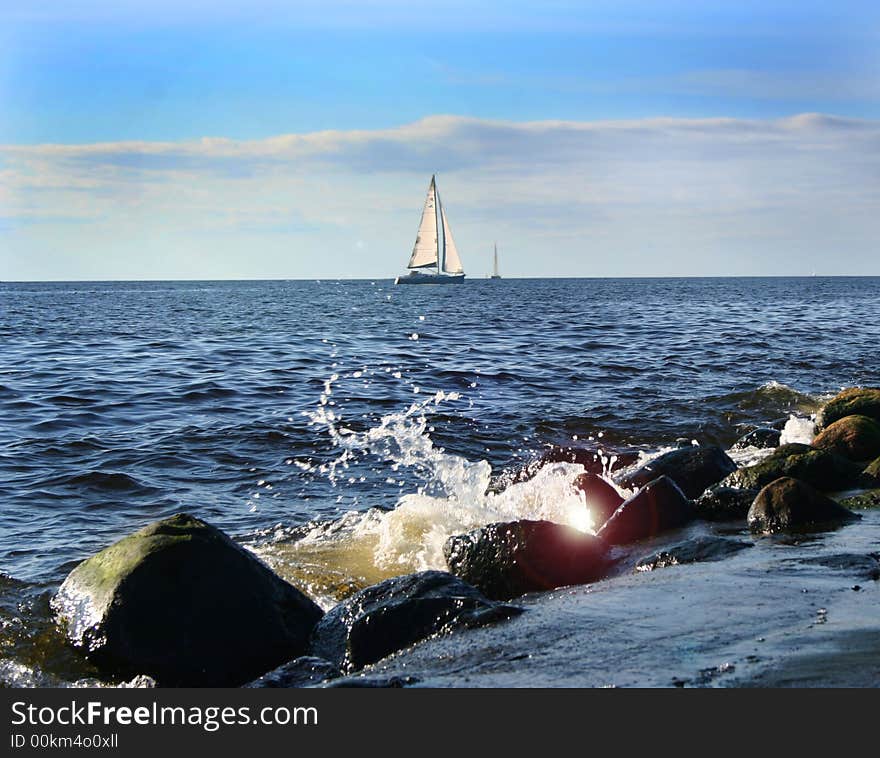 Sailing vessel in the blue sea. Sailing vessel in the blue sea