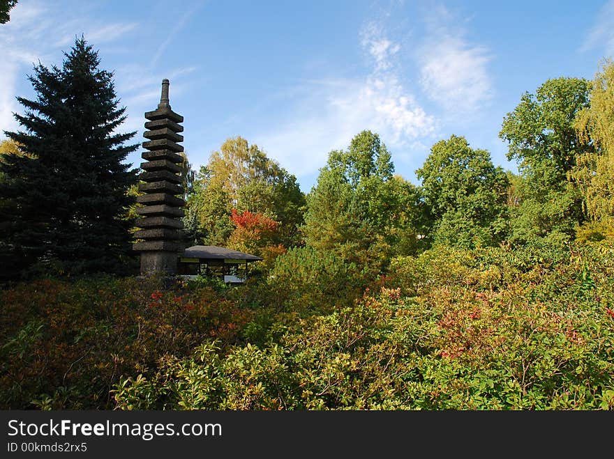 View japanese garden and blue sky