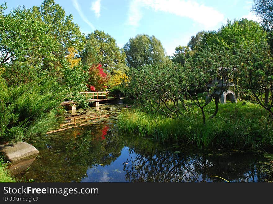 Autumn japanese garden and small lake