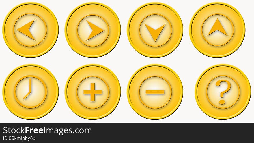 Eight different icons on golden plastic buttons