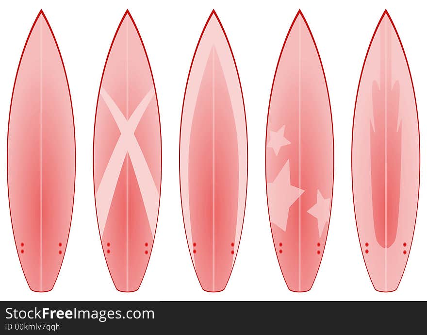 A set of 5 surfboard designs in red tones. A set of 5 surfboard designs in red tones.