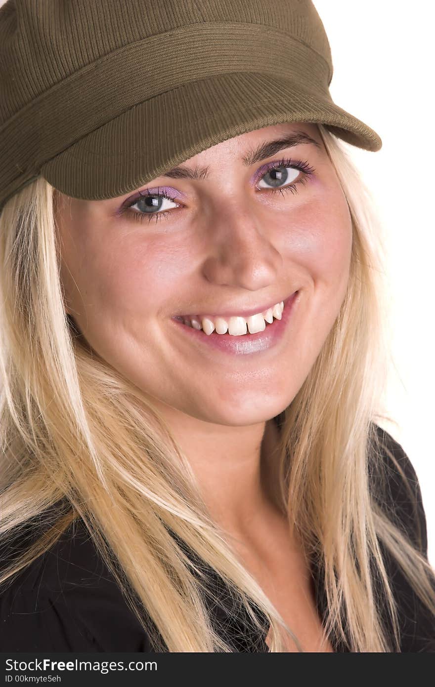 Pretty blond woman with green corduroy hat.