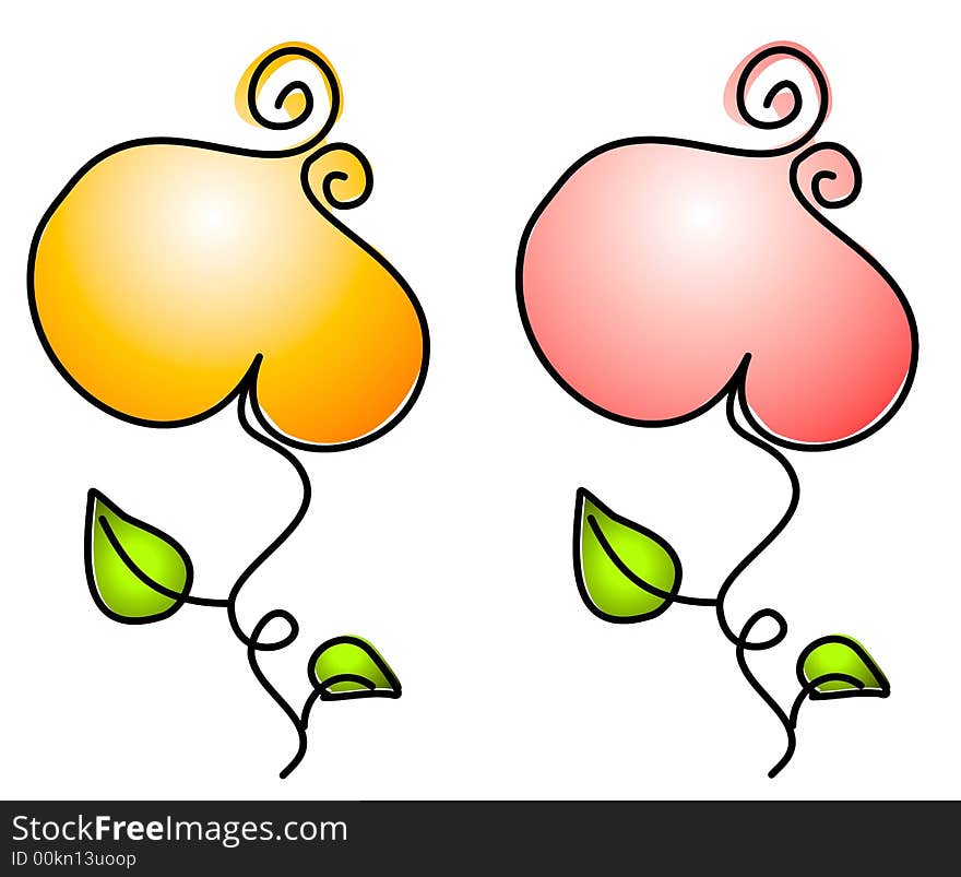 A clip art illustration of 2 colorful isolated flowers in pink and yellow. A clip art illustration of 2 colorful isolated flowers in pink and yellow