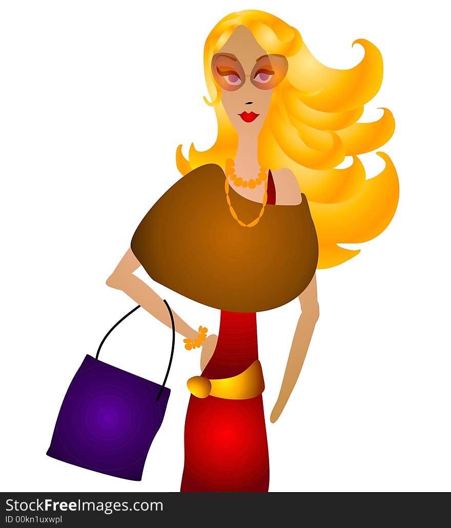 A clip art illustration of a caucasian woman wearing stylish fall fashions in fall colors with a shopping bag. A clip art illustration of a caucasian woman wearing stylish fall fashions in fall colors with a shopping bag