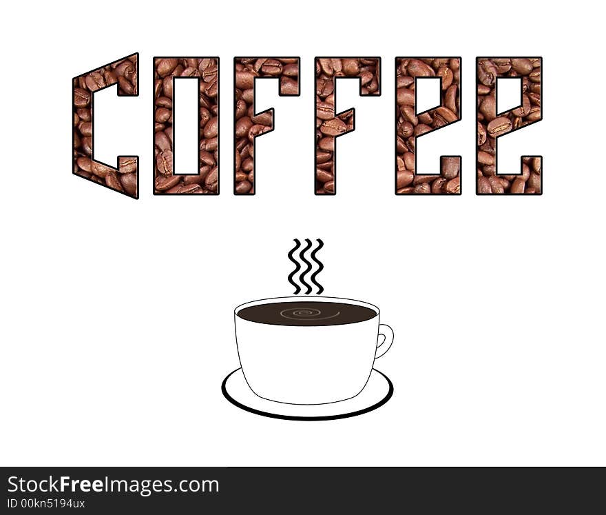 The word coffee with an inset image of whole coffee beans and an illustration of hot coffee underneath. White background. The word coffee with an inset image of whole coffee beans and an illustration of hot coffee underneath. White background.