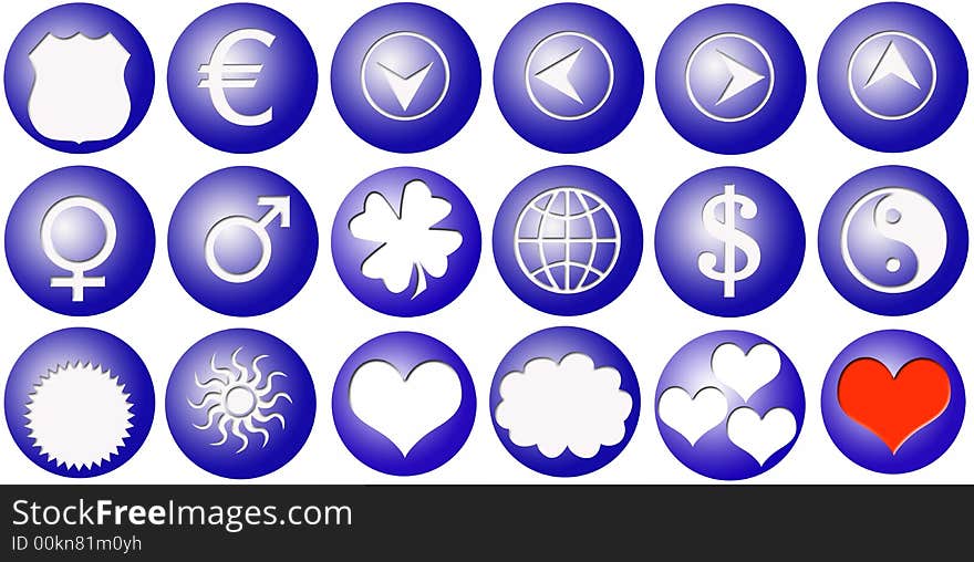 18 blue plastic buttons with useful icons. 18 blue plastic buttons with useful icons