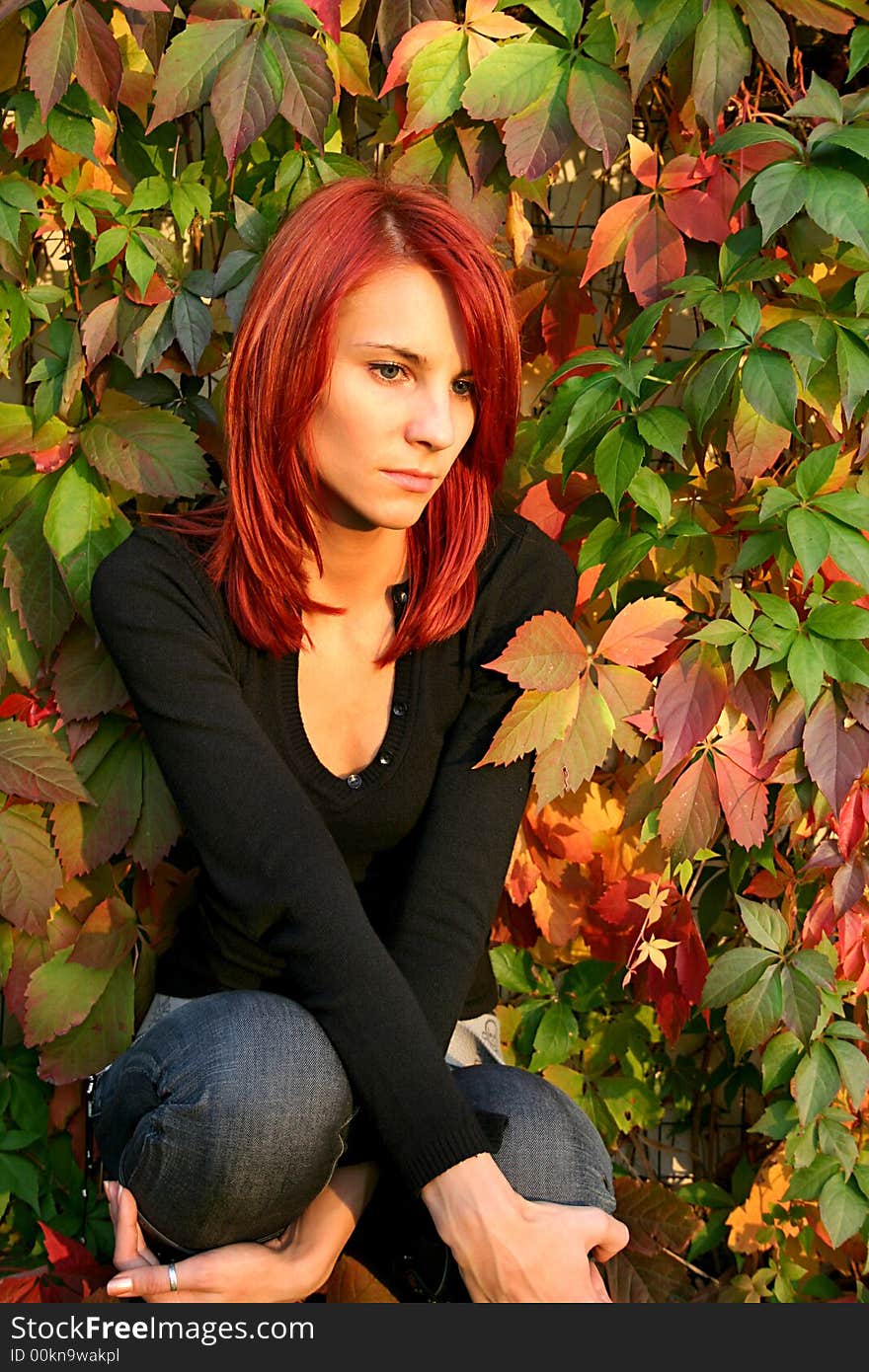 Girl with red hair nier the colored leaves