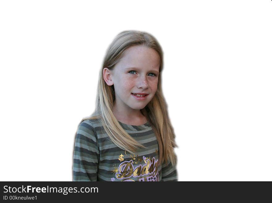 a white caucasian girl child with a nervous expression on her face isolated on a white background . a white caucasian girl child with a nervous expression on her face isolated on a white background