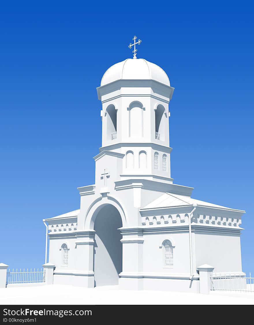 White church tower on blue sky background