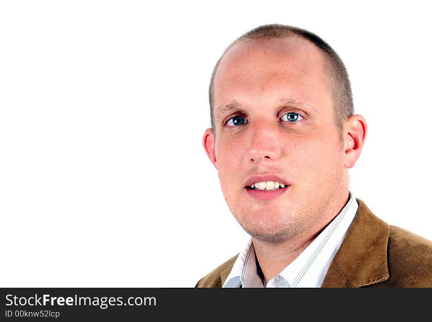 A studio portrait of a young businessman with his jacket! Isolated over white!. A studio portrait of a young businessman with his jacket! Isolated over white!