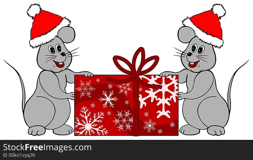 Two mice holding a Christmas gift. Two mice holding a Christmas gift