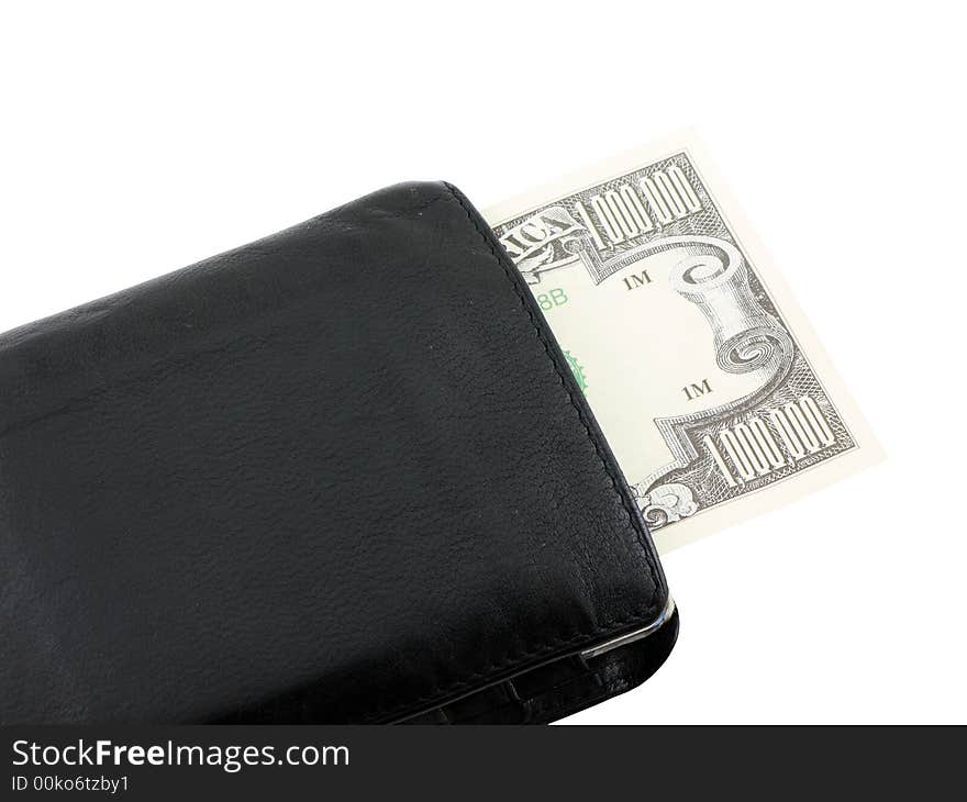 Million dollar bill sticking out of a wallet, isolated on white