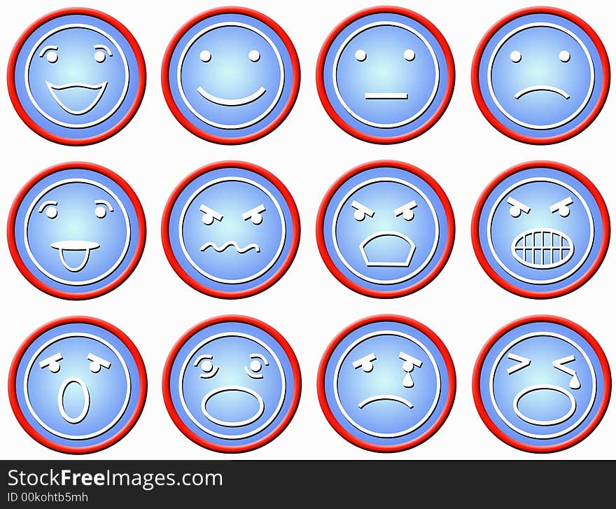 Twelve plastic red-blue buttons with faces in different mimics. Twelve plastic red-blue buttons with faces in different mimics