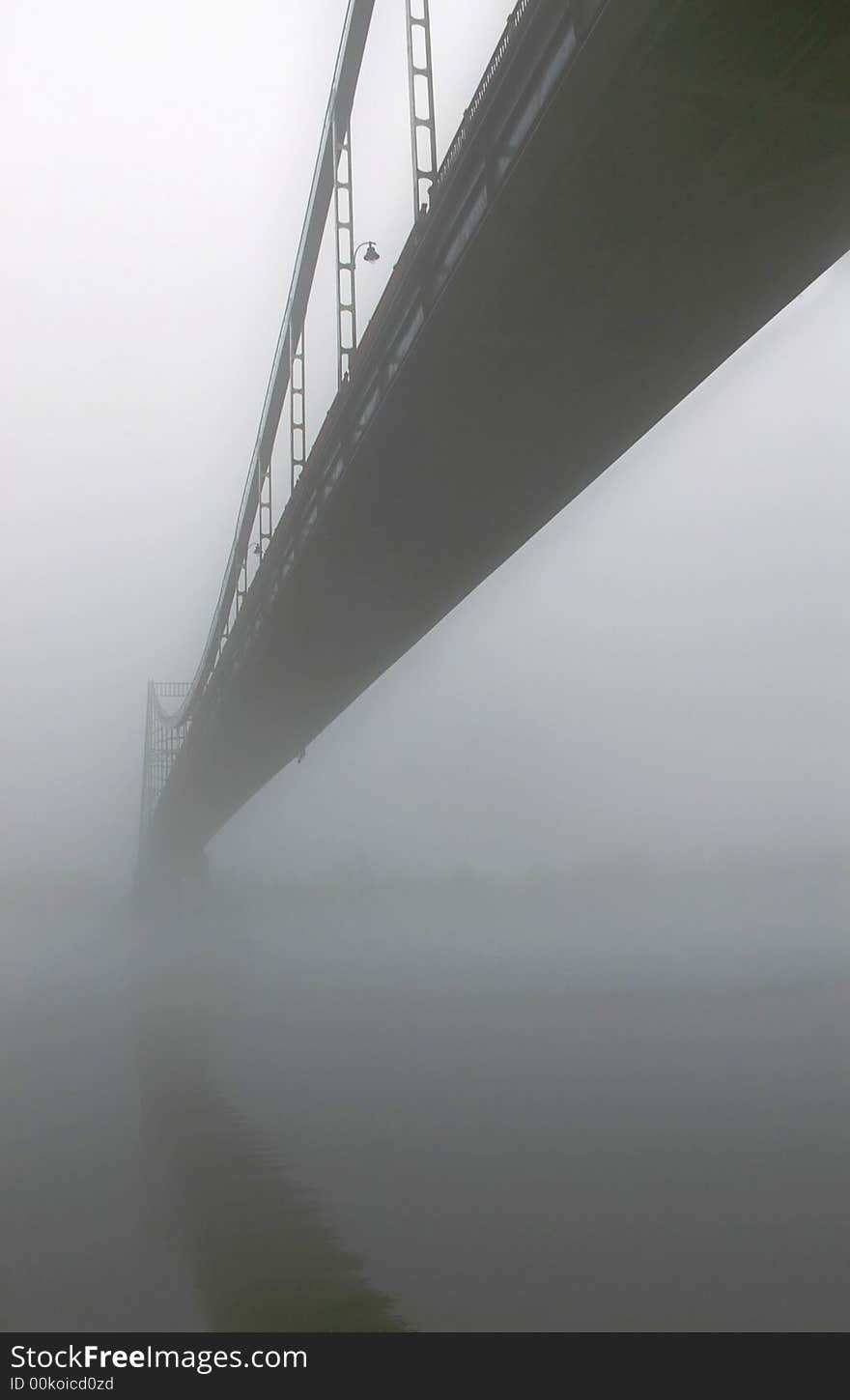 View of entire length of bridge with fog obscuring top of bridge.