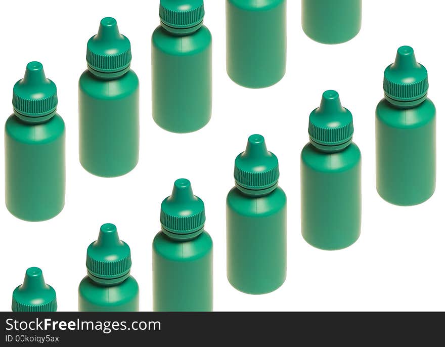 Green phials in two rows isolated on the white background