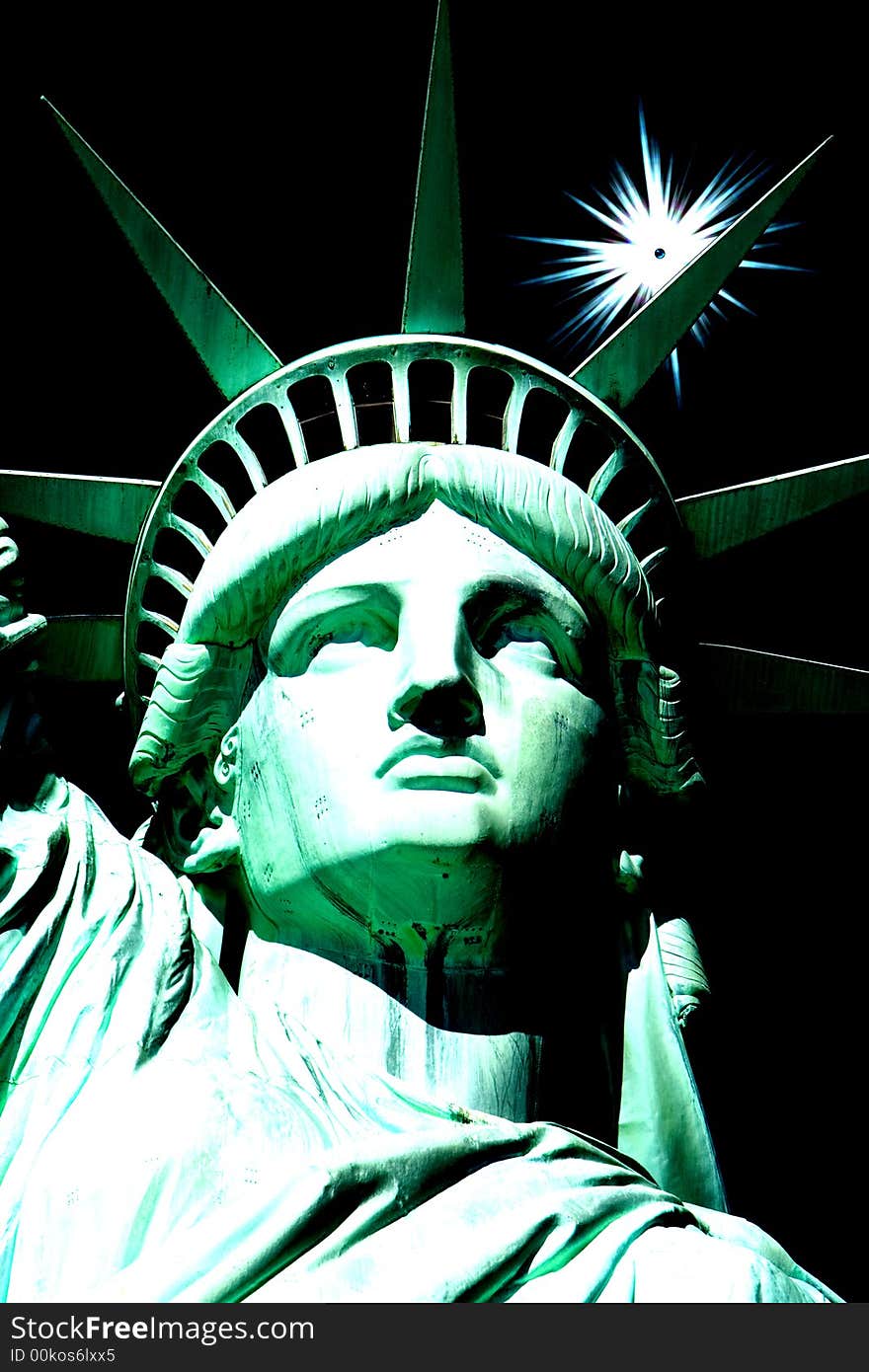 A close-up of the Statue of liberty against a black sky with a star in the background. A close-up of the Statue of liberty against a black sky with a star in the background.