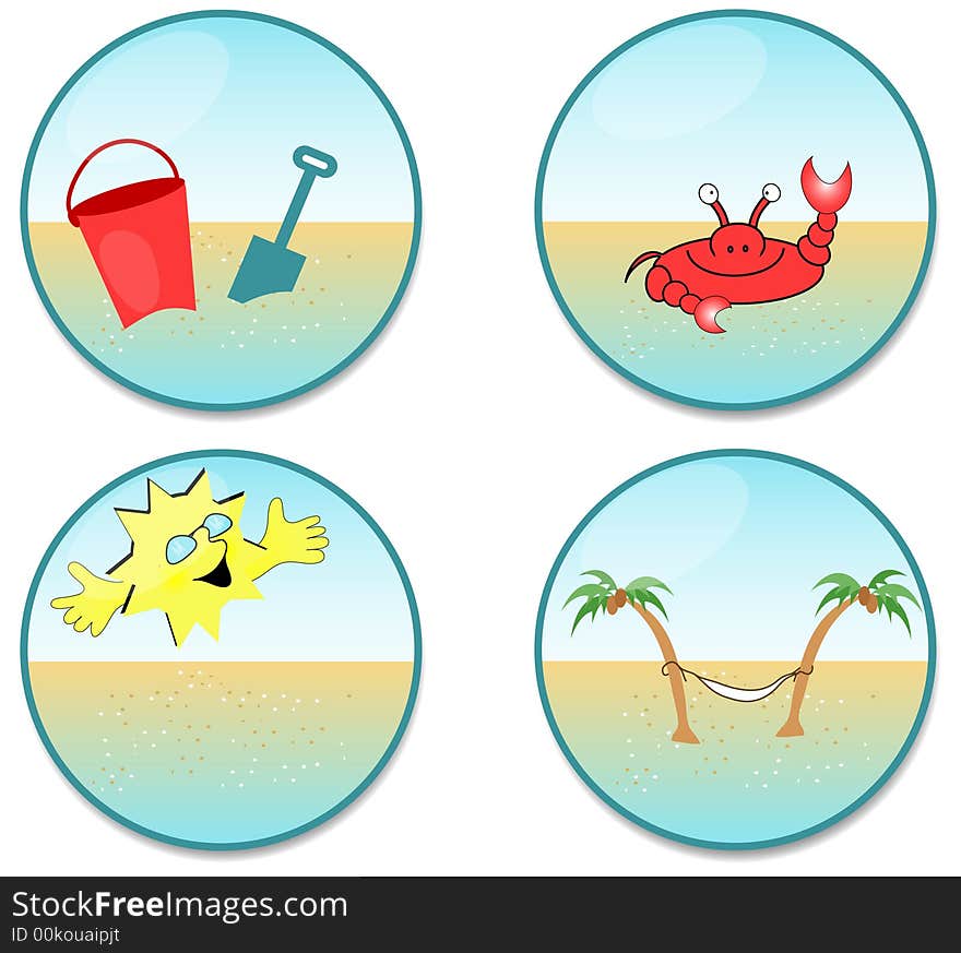 Round beach scene clip-art, crab,pail,palm trees and sun. Round beach scene clip-art, crab,pail,palm trees and sun.