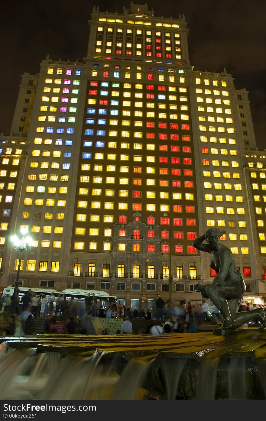 The Colorful Edificio España display with fountain in foreground. Images from the Noche En Blanco / White Night festival in Madrid, Spain 2007.