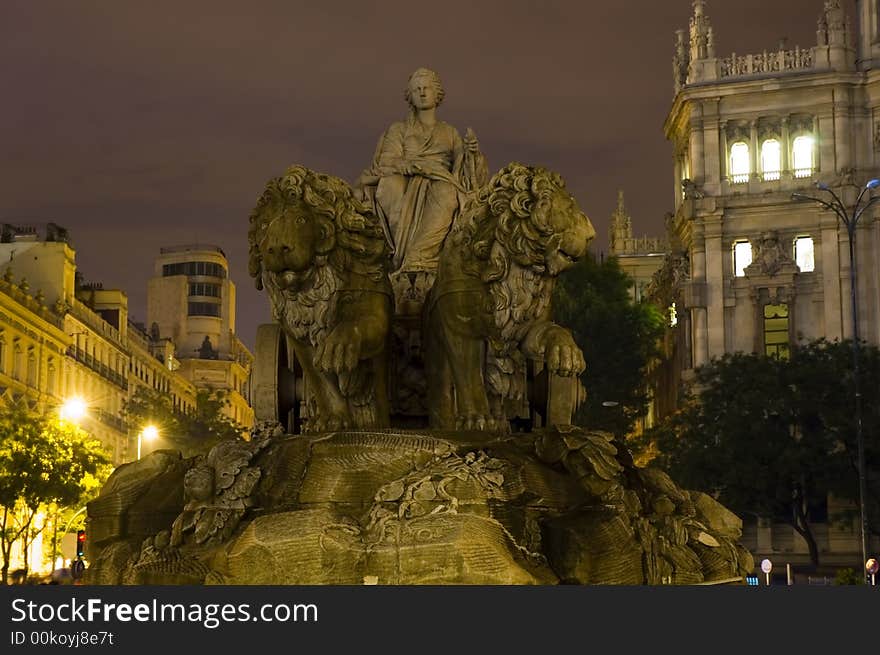 The cibeles fountain in the Plaza Cibeles square. Images from the Noche En Blanco / White Night festival in Madrid, Spain 2007.