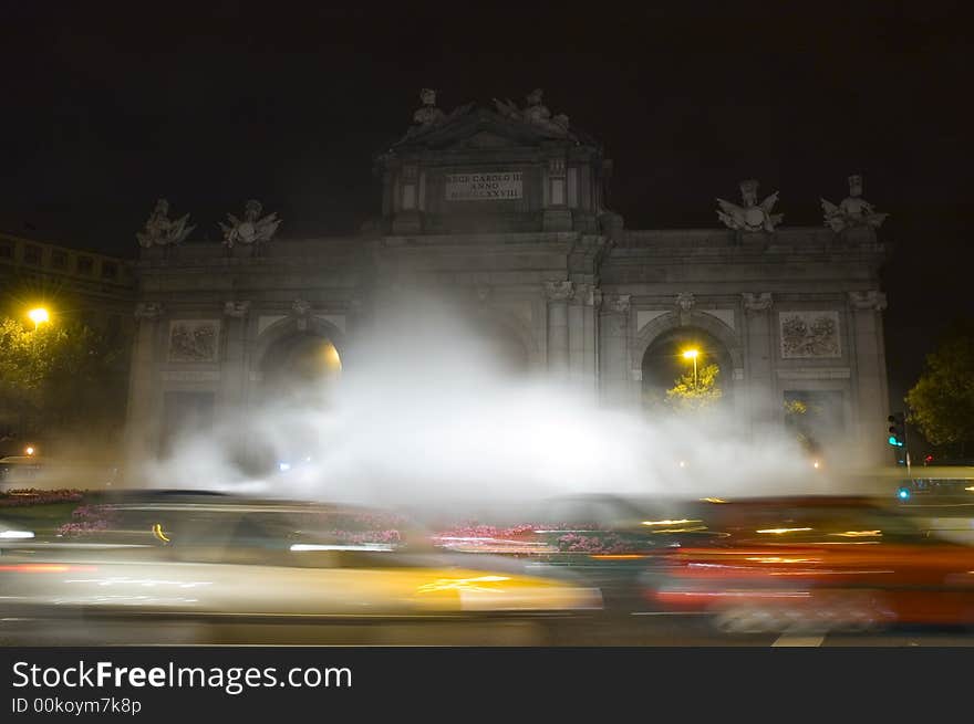 The Puerta de Alcala with artificial cloud art display. Images from the Noche En Blanco / White Night festival in Madrid, Spain 2007.