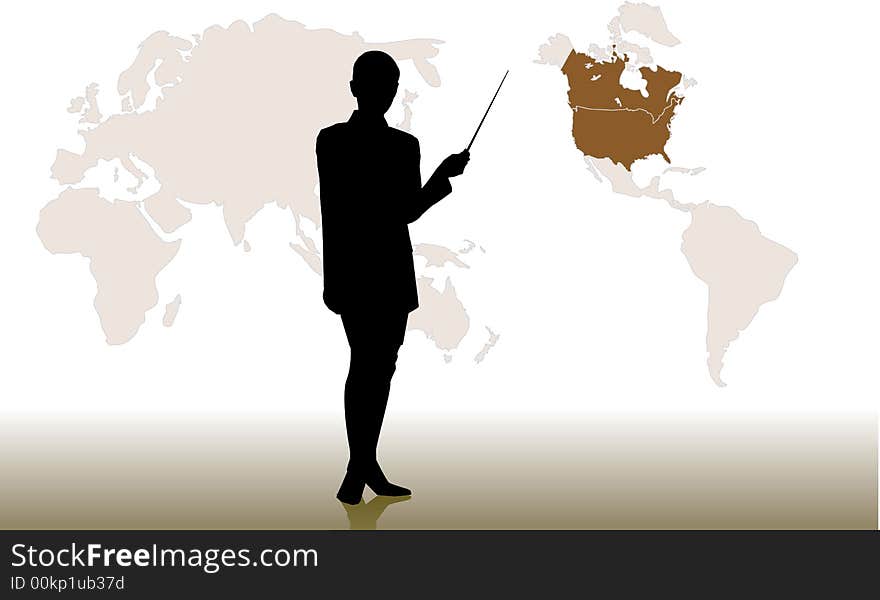 A business woman presenting with a world map. A business woman presenting with a world map.