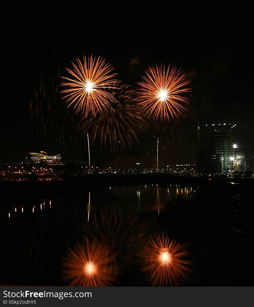 Firework and its reflection in Putrajaya. Firework and its reflection in Putrajaya.