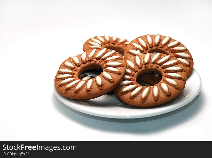 Chocolate biscuits against white background