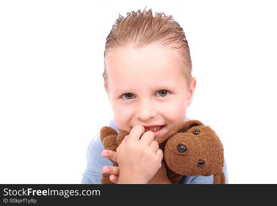 Boy and his toy (dog) on the white background