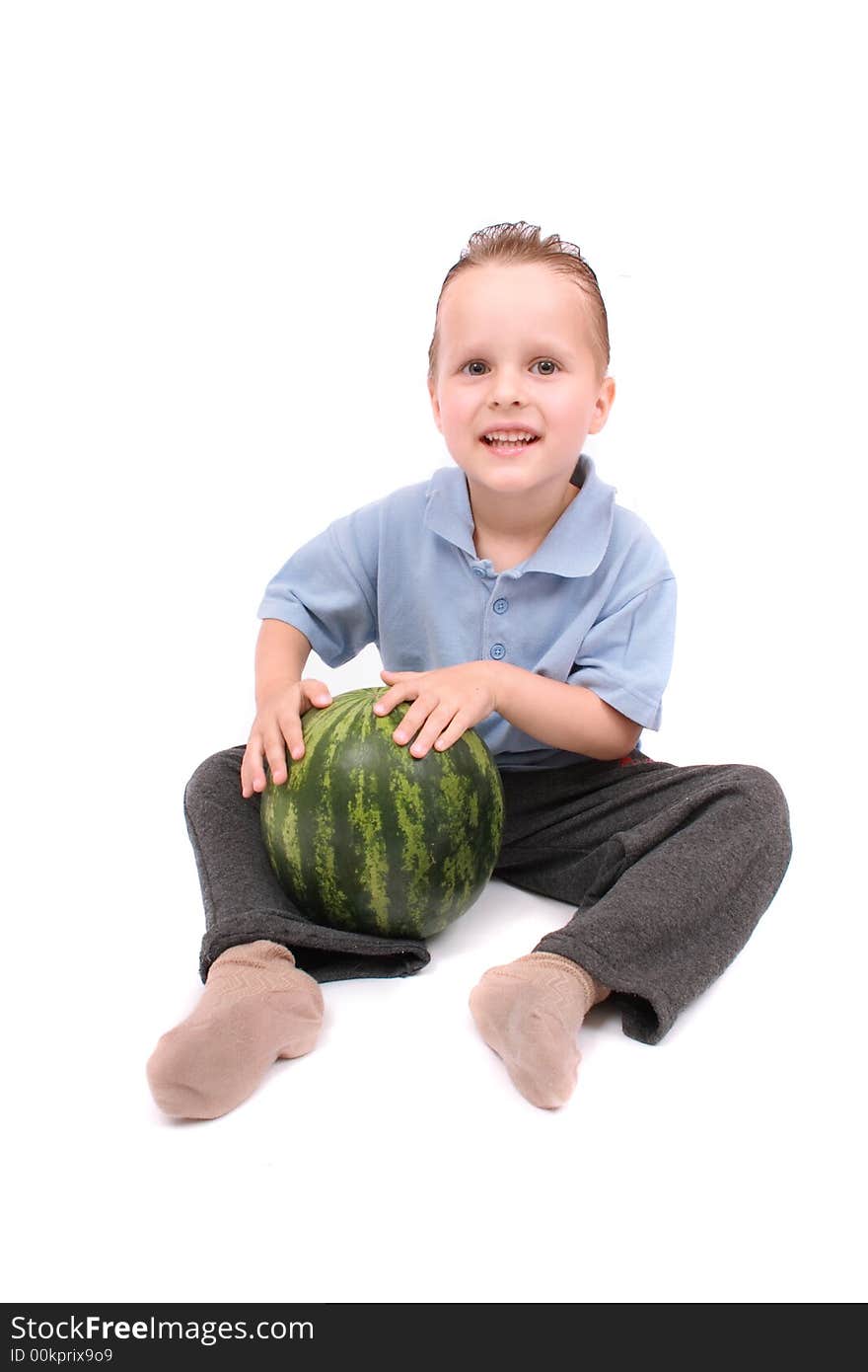 Boy and the water melon on the white background