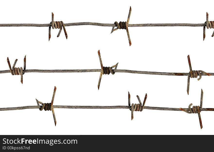 Three of some an iron wire with sharp thorns on a pure white background. Three of some an iron wire with sharp thorns on a pure white background.